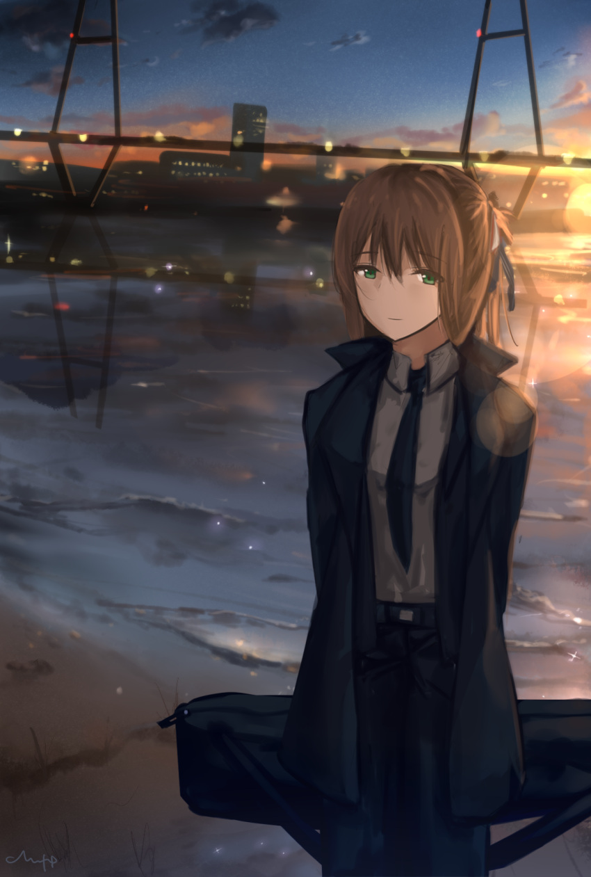 1girl, belt, black_coat, black_neckwear, bridge, brown_hair, chyt, cityscape