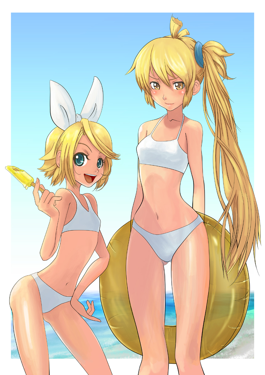akita_neru, bikini, blonde_hair, blue_eyes, bow, hair_bow, hand_on_hip, highres