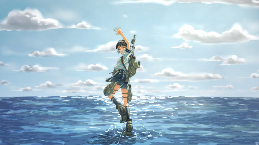 1girl, black_hair, black_legwear, blue_skirt, closed_eyes, from_behind, full_body, kantai_collection, machinery, miyuki_(kantai_collection), ocean, pleated_skirt, school_uniform, serafuku, short_hair, short_sleeves, skirt, smokestack, solo, torpedo_tubes, waving_arm, zabuton_dorobou