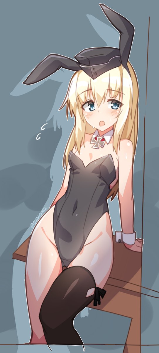 1girl, animal_ears, arm_support, bangs, bare_shoulders, black_legwear, black_leotard, blonde_hair