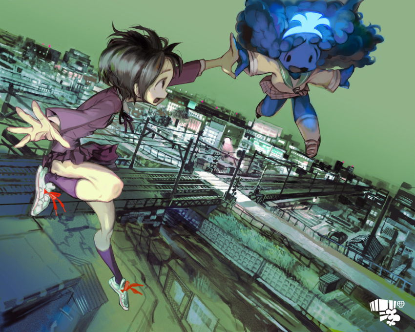 blue_detune, blue_hair, cityscape, flying, grey_eyes, hands, kawa_yoo, kawaguchi_youhei