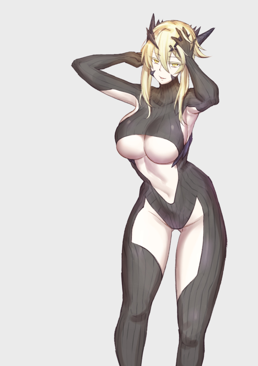 1girl, armpits, artoria_pendragon_(all), artoria_pendragon_(lancer_alter), blonde_hair, bodysuit, breasts, commentary