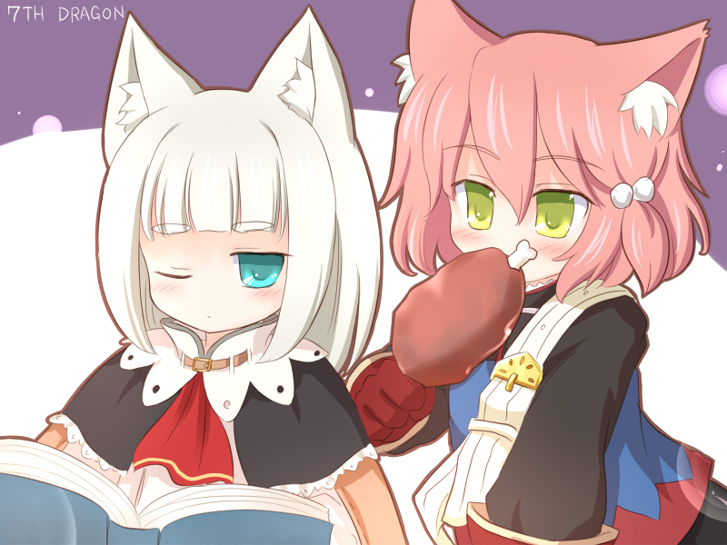 2girls, 7th_dragon, animal_ears, boned_meat, book, cat_ears, fighter_(7th_dragon), food