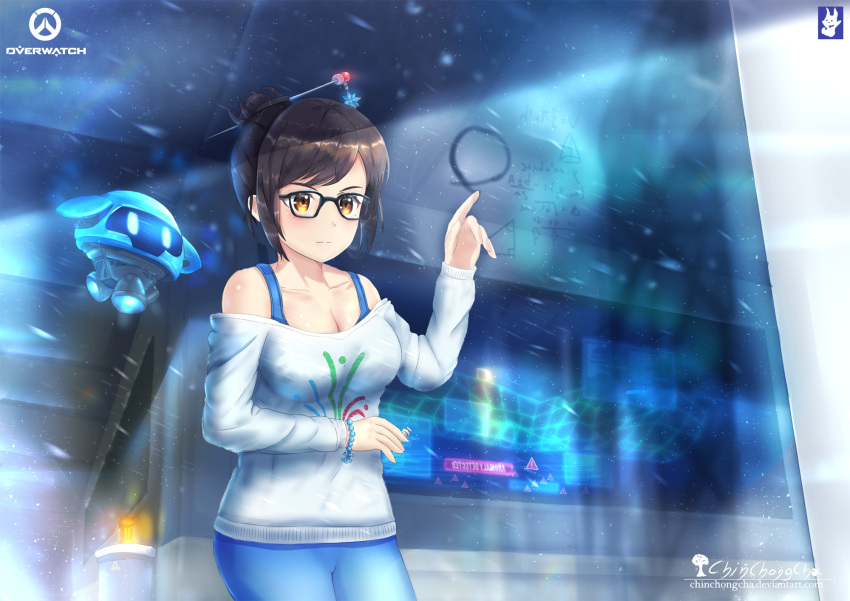 1girl, artist_name, black-framed_eyewear, blue_pants, blue_shirt, breasts, brown_eyes, brown_hair, chinchongcha, cleavage, collarbone, drawing, drone, floating, glass, glasses, gloves, hair_bun, hair_ornament, hair_stick, highres, indoors, large_breasts, long_sleeves, looking_at_viewer, math, mei_(overwatch), overwatch, pants, rise_and_shine_mei, robot, shirt, short_hair, signature, snowball_(overwatch), solo, tank_top, trigonometry, upper_body, watermark, web_address, white_shirt