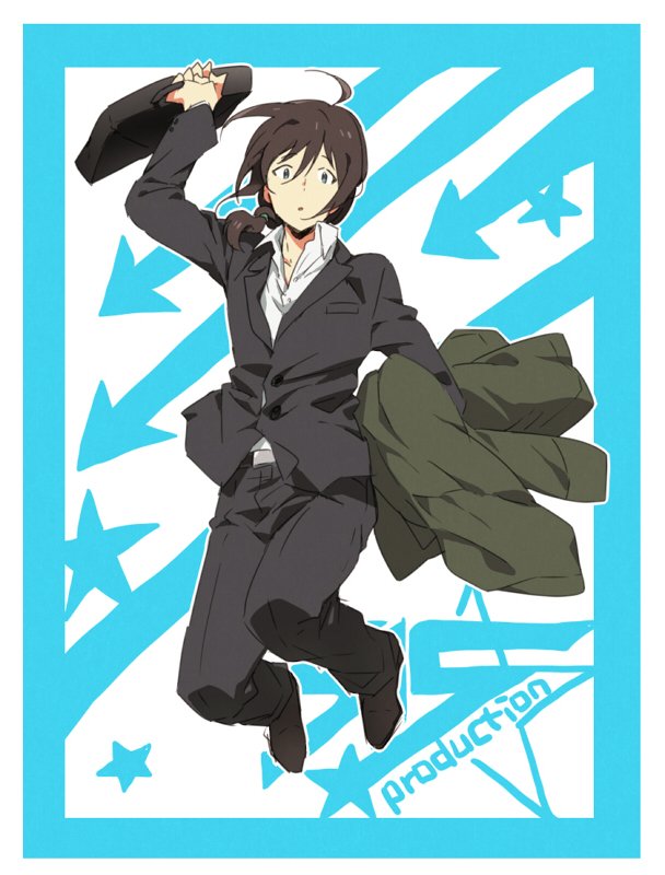 1boy, ahoge, blue_border, briefcase, brown_hair, carrying_clothes, catgirl0926, coat