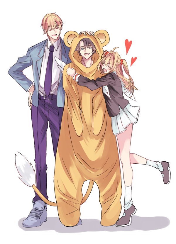 1girl, 2boys, animal_costume, blazer, blonde_hair, card_captor_sakura, cosplay, costume