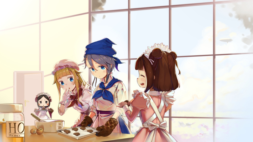 4girls, :d, :o, ange_(princess_principal), apron, baking, baking_sheet, bangs