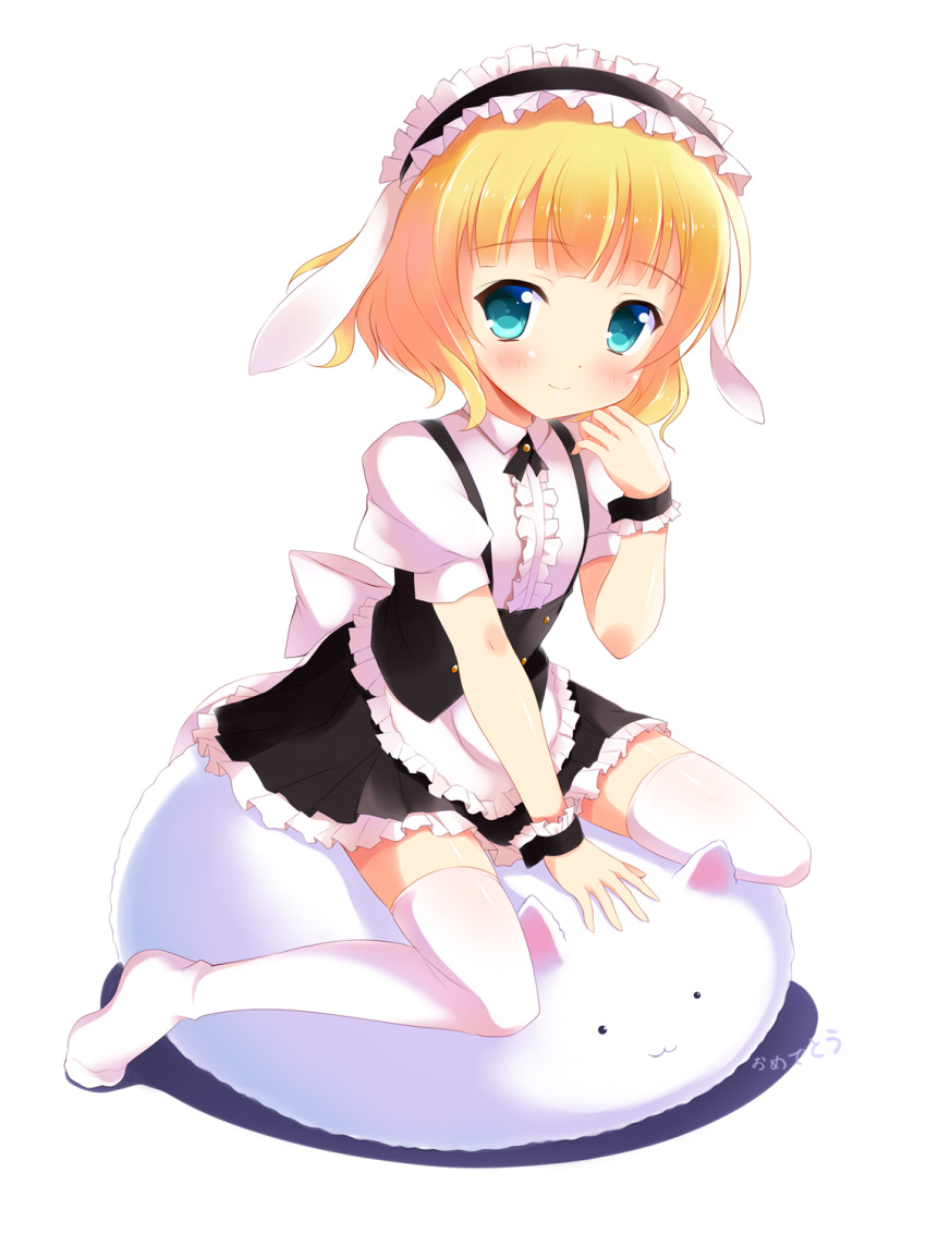 1girl, animal_ears, apron, aqua_eyes, bangs, bashen_chenyue, black_neckwear, black_skirt, blonde_hair, blunt_bangs, blush, bolo_tie, breasts, closed_mouth, collared_shirt, commentary_request, eyebrows_visible_through_hair, fake_animal_ears, fleur_de_lapin_uniform, floppy_ears, frilled_apron, frilled_cuffs, frilled_shirt, frilled_skirt, frills, full_body, gochuumon_wa_usagi_desu_ka?, hand_rest, highres, kirima_sharo, looking_at_viewer, maid_headdress, no_shoes, puffy_short_sleeves, puffy_sleeves, rabbit_ears, riding, shadow, shirt, short_hair, short_sleeves, skirt, small_breasts, smile, solo, thigh-highs, tippy_(gochiusa), underbust, waist_apron, white_apron, white_background, white_legwear, white_shirt, wing_collar, wrist_cuffs, zettai_ryouiki