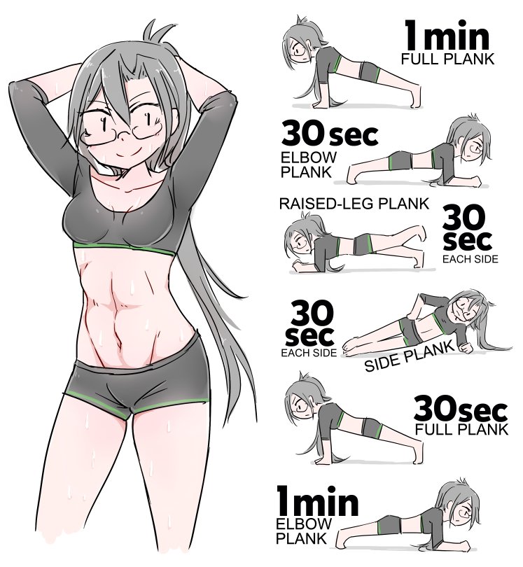 1girl, abs, alternate_costume, amagiri_(kantai_collection), arms_behind_head, asymmetrical_bangs, bangs, bike_shorts, blush, breasts, collarbone, commentary, exercise, eyebrows_visible_through_hair, glasses, grey_hair, hair_between_eyes, kantai_collection, long_hair, looking_at_viewer, multiple_views, navel, planking, ponytail, shorts, simple_background, smile, solo, sweat, sweatdrop, undershirt, very_long_hair, white_background, zuizou, |_|