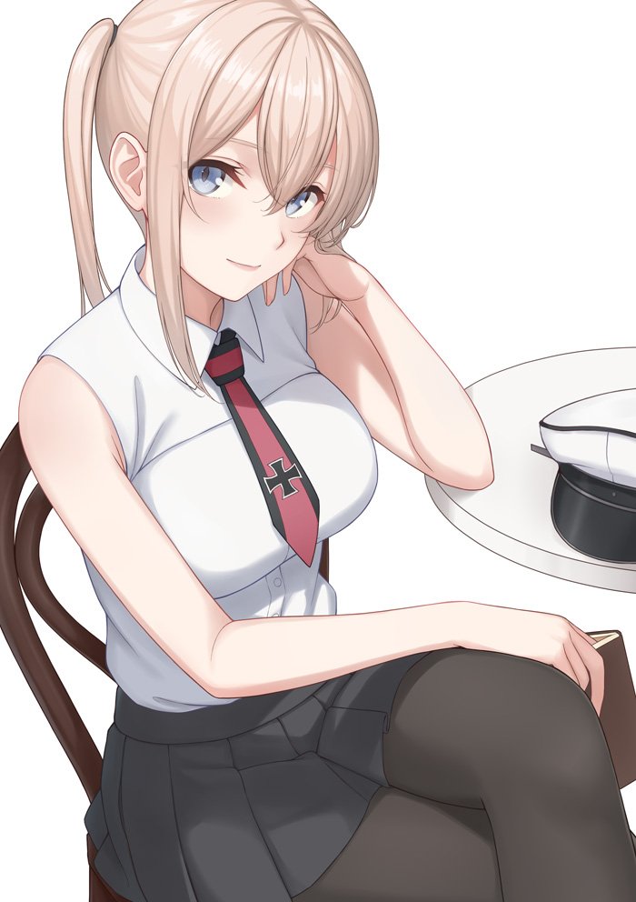 1girl, adapted_costume, blonde_hair, blue_eyes, blue_skirt, blush, book, breasts, chair, graf_zeppelin_(kantai_collection), hair_between_eyes, hand_on_own_cheek, hand_on_own_leg, hat, hat_removed, headwear_removed, holding, holding_book, kantai_collection, large_breasts, legs_crossed, long_hair, looking_at_viewer, nananichi, open_book, pantyhose, peaked_cap, pleated_skirt, reading, red_neckwear, shirt, sidelocks, simple_background, skirt, sleeveless, sleeveless_shirt, smile, solo, table, twintails, upper_body, white_background, white_shirt