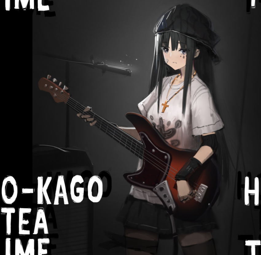 1girl, akiyama_mio, bandaid, bandaid_on_face, bangs, black_eyes, black_hat, black_legwear