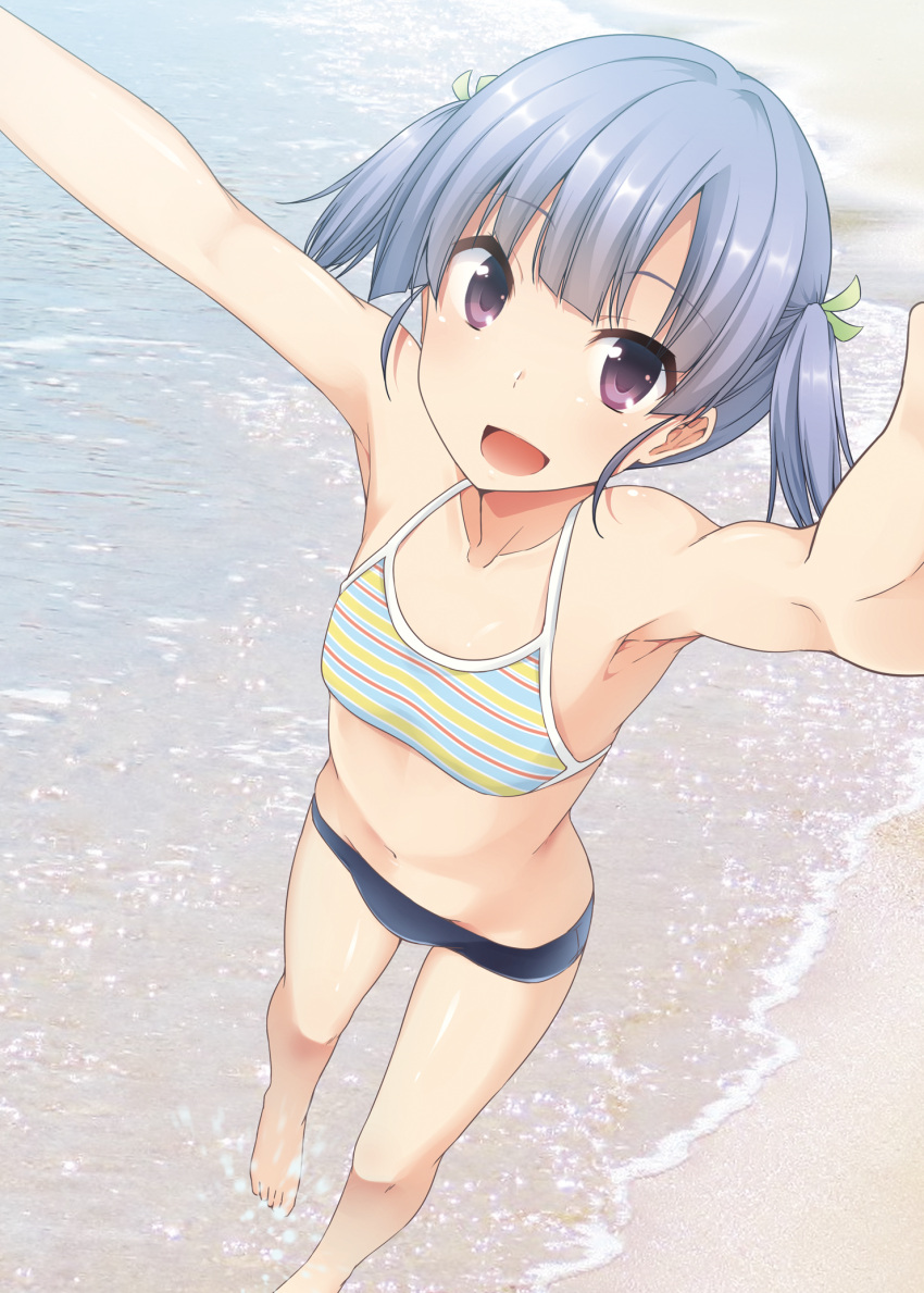 1girl, :d, armpits, arms_up, bare_legs, barefoot, beach, bikini