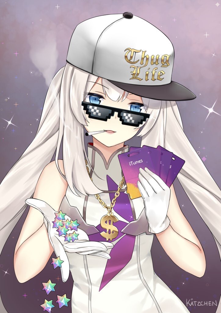 1girl, artist_name, blue_eyes, chains, cigarette, commentary, dollar_sign, english