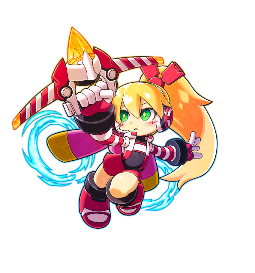 1girl, alpha_transparency, android, bow, bow_(weapon), call_(mighty_no._9), chibi, crossbow, full_body, gloves, green_eyes, hair_bow, headset, highres, jetpack, long_hair, mighty_gunvolt, mighty_gunvolt_burst, mighty_no._9, official_art, open_mouth, orange_hair, parted_lips, ponytail, solo, transparent_background, weapon