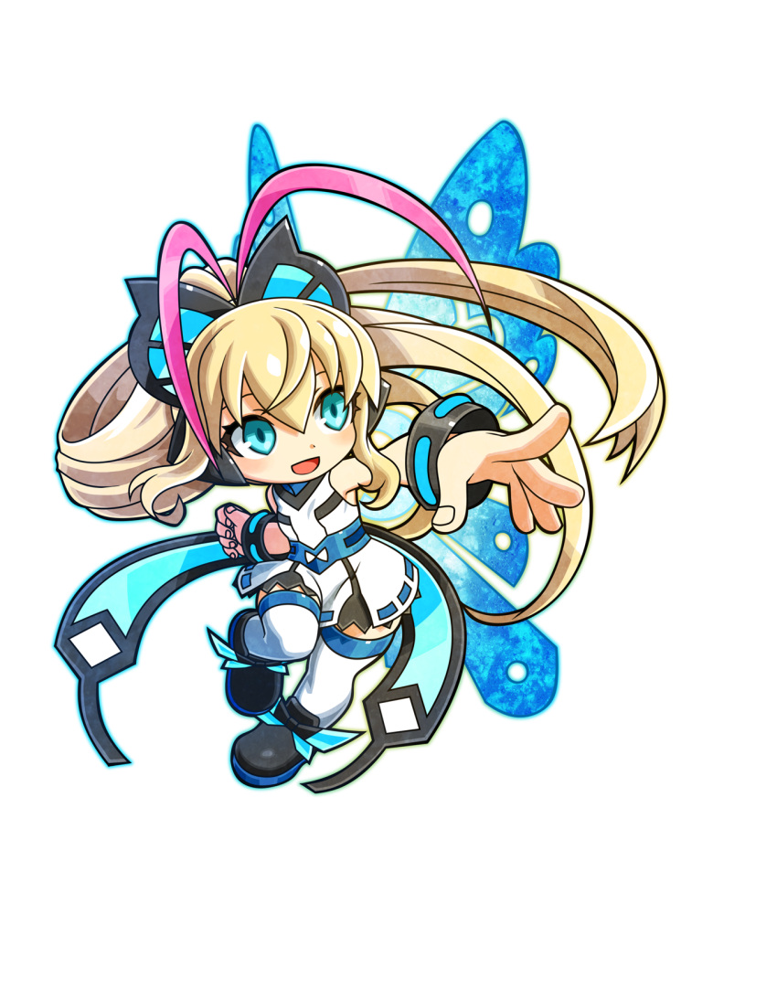 1girl, alpha_transparency, azure_striker_gunvolt, blue_eyes, chibi, full_body, highres, joule_(gunvolt), long_hair, mechanical_wings, mighty_gunvolt, mighty_gunvolt_burst, official_art, open_mouth, ponytail, smile, solo, thigh-highs, transparent_background, wings