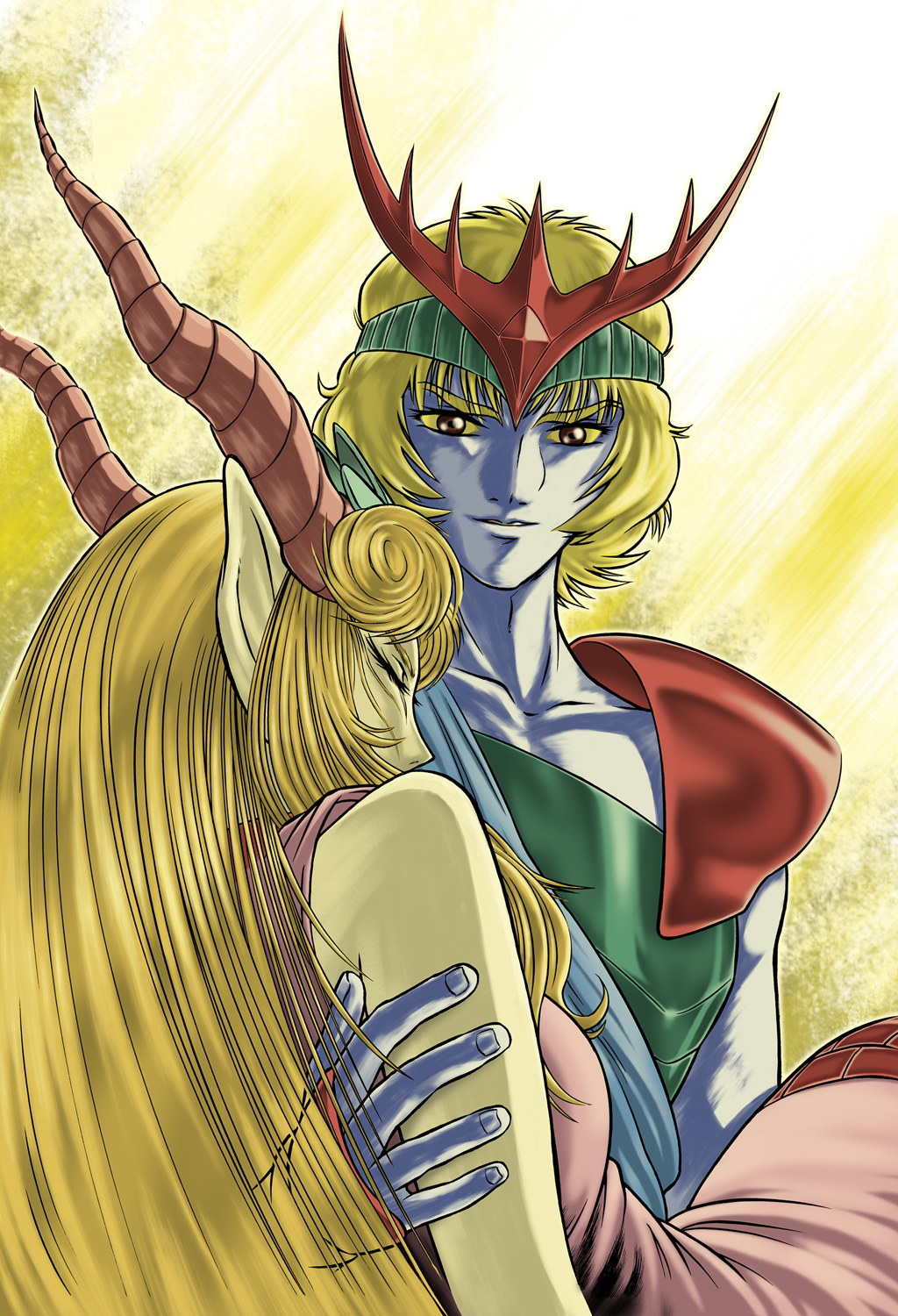 1girl, blonde_hair, blue_skin, brown_eyes, carrying, combattler_v, death, dress, highres, horns, ichikawa_osamu, long_hair, miia, pointy_ears, prince_garuda, princess_carry, short_hair, spoilers, tiger_ryuuou