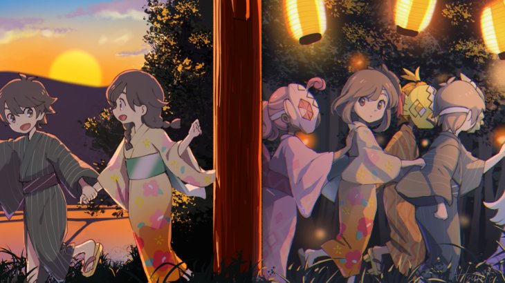 3boys, 4girls, blonde_hair, braid, character_mask, dark_skin, hand_holding, japanese_clothes