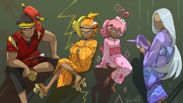 2boys, 2girls, blue_hair, character_mask, crossed_arms, dark_skin, dark_skinned_male, geta