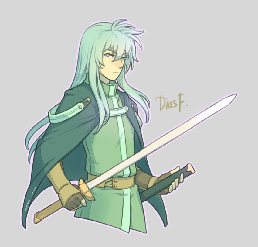 1boy, alternate_color, cape, character_name, dated, dias_flac, emeraudolupus, green_eyes