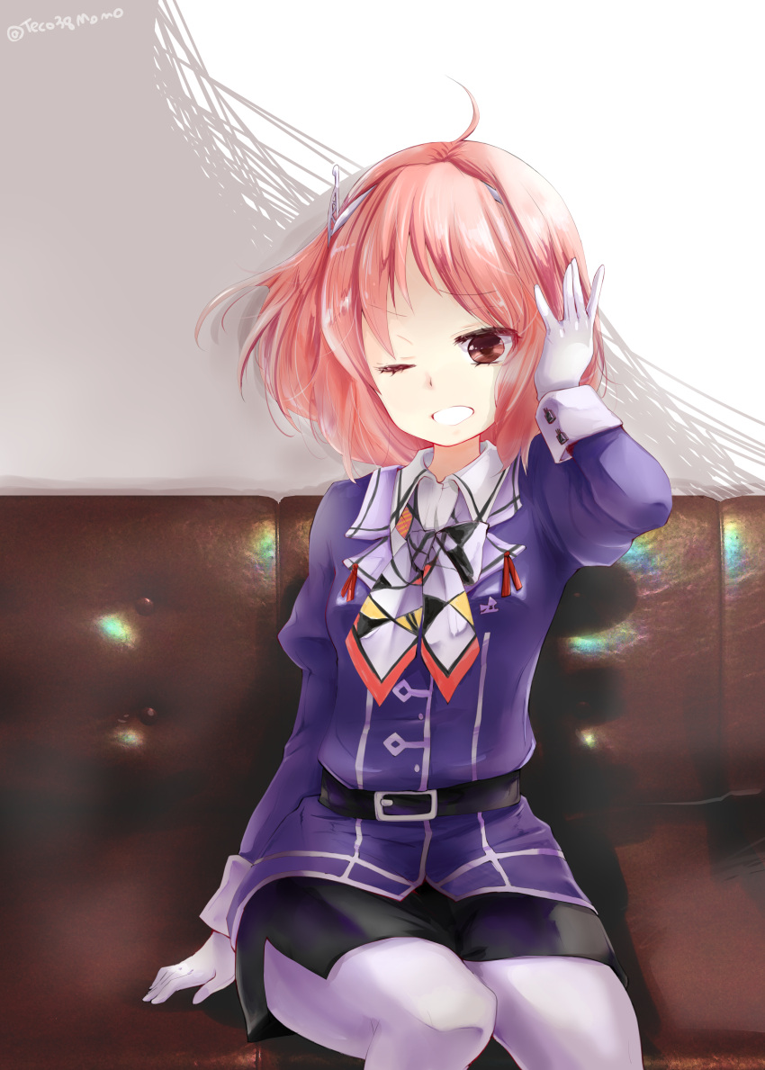 1girl, absurdres, ahoge, alternate_costume, arm_up, ashigara_(kantai_collection), ashigara_(kantai_collection)_(cosplay), belt, belt_buckle, brown_eyes, buckle, cosplay, eyebrows_visible_through_hair, eyes_visible_through_hair, gloves, hair_ornament, hairband, hand_on_own_head, highres, kantai_collection, legs_crossed, legs_together, long_hair, looking_at_viewer, miniskirt, momokaze_kuri, one_eye_closed, open_mouth, pantyhose, pencil_skirt, pink_hair, remodel_(kantai_collection), sazanami_(kantai_collection), short_hair, sitting, skirt, smile, solo, watson_cross, white_gloves, white_legwear