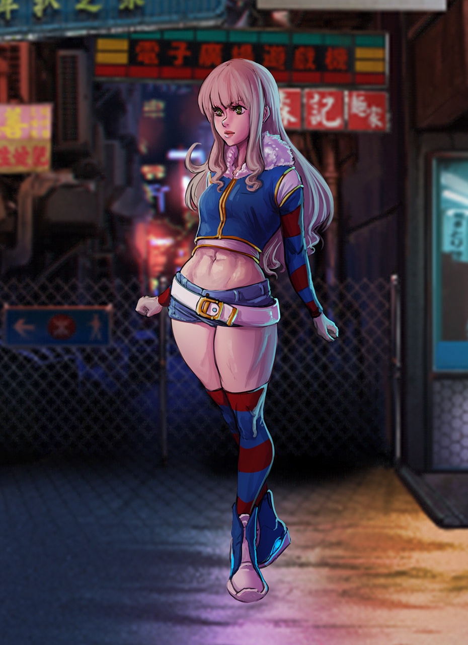1girl, belt, blonde_hair, borrowed_character, breasts, bullitbikini, commentary, denim
