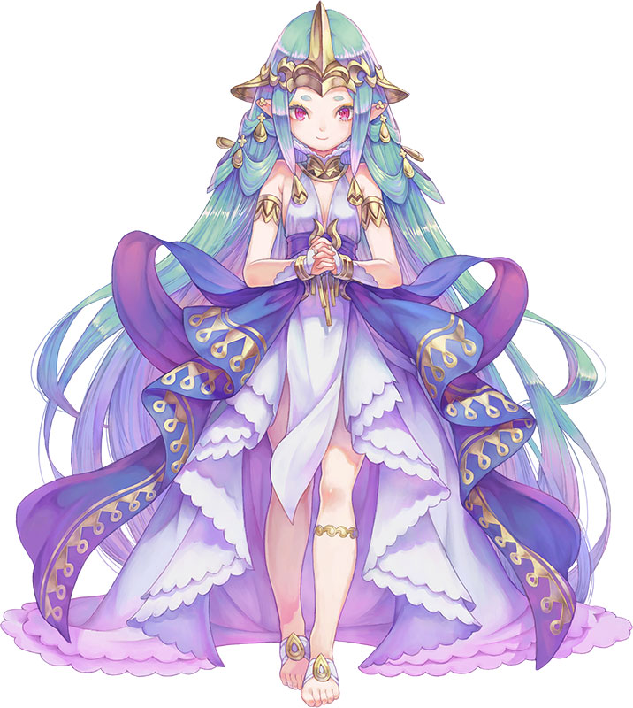 1girl, absurdly_long_hair, armlet, bracelet, bridal_gauntlets, dress, full_body, green_hair, hair_rings, headpiece, jewelry, leglet, long_hair, luca_(seiken_densetsu), official_art, pointy_ears, sash, seiken_densetsu, seiken_densetsu_2, simple_background, smile, solo, standing, thick_eyebrows, toeless_legwear, toes, very_long_hair, white_background