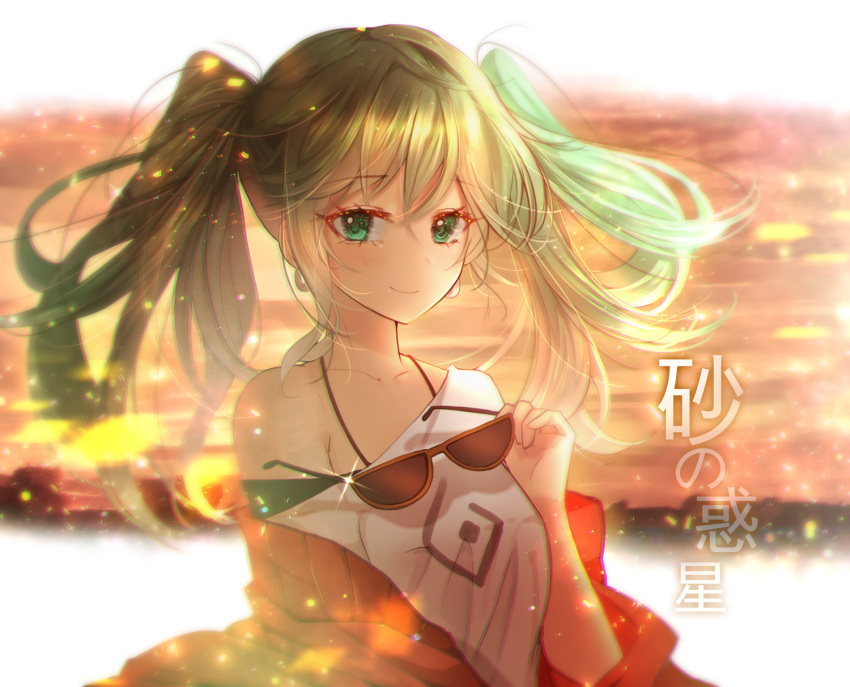 1girl, blue_eyes, blue_hair, blush, bra_strap, breasts, chromatic_aberration, closed_mouth