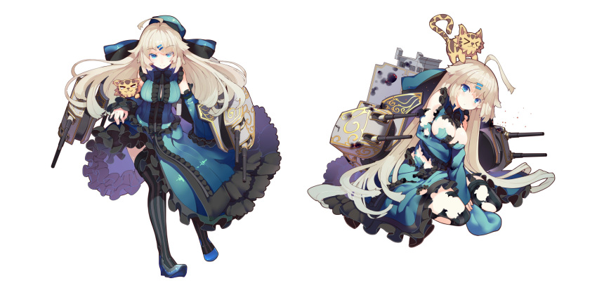 1girl, ahoge, black_legwear, blonde_hair, blue_eyes, blush, breasts, cleavage