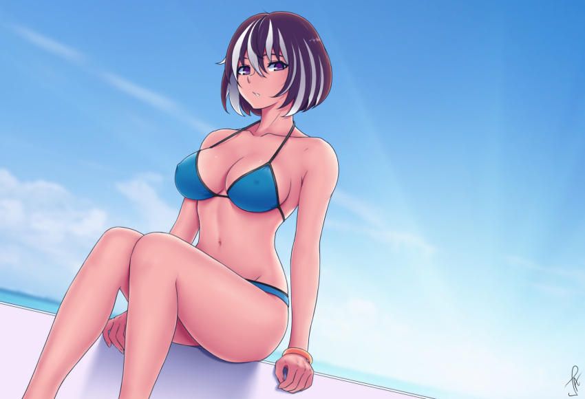 1girl, arms_at_sides, bangle, bangs, bare_arms, bare_shoulders, bikini, black_hair
