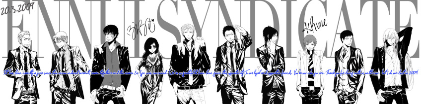 chrome_dokuro, hibari_kyouya, highres, irie_shoichi, katekyo_hitman_reborn, long_image, monochrome, multiple_boys
