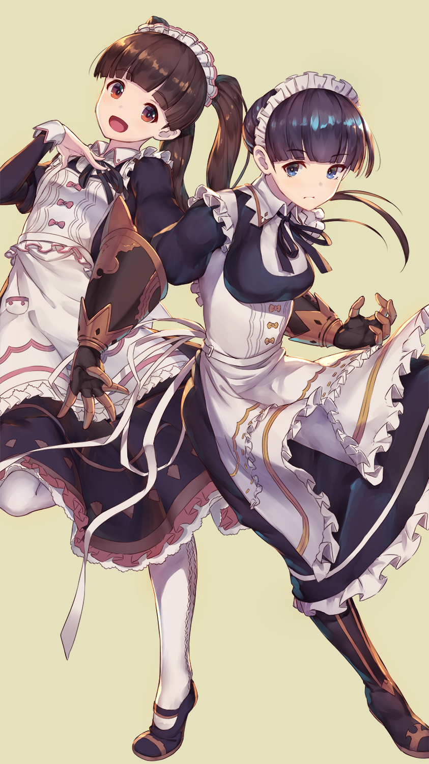 2girls, black_hair, blue_eyes, blush, breasts, brown_eyes, brown_hair, claudia_(granblue_fantasy)