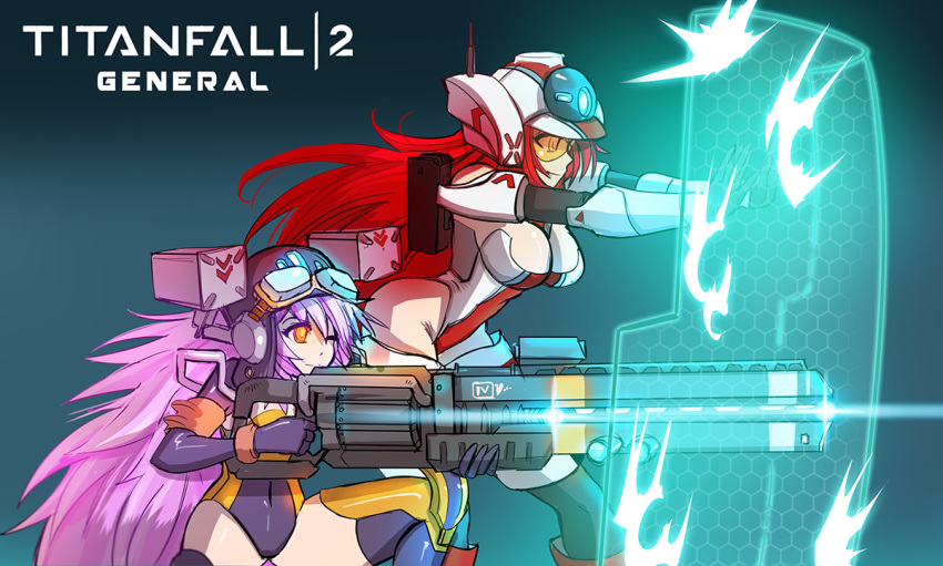 2girls, aiming, armor, bare_shoulders, breasts, copyright_name, covered_navel, firing
