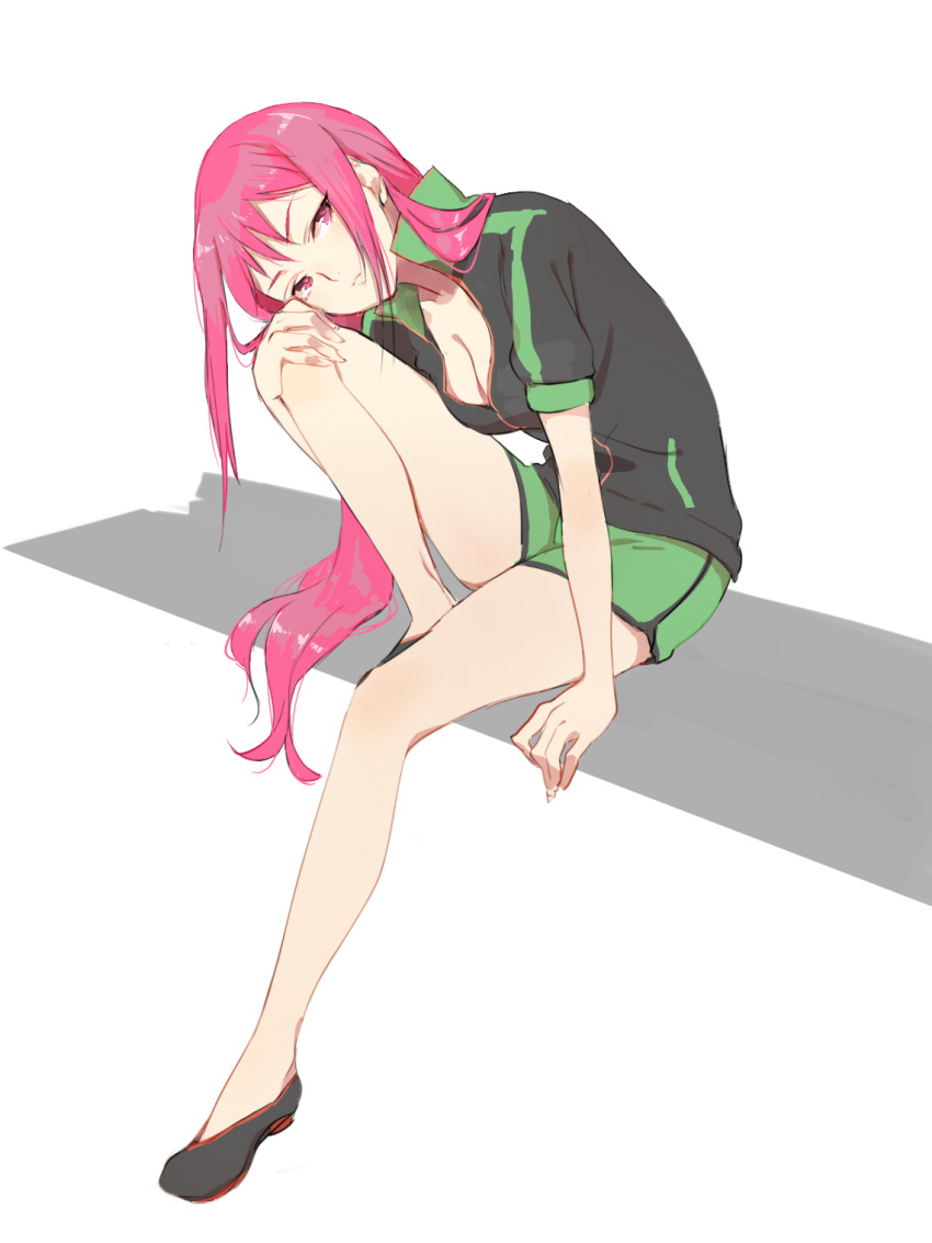 1girl, black_footwear, black_jacket, breasts, cleavage, comra, hand_on_own_knee, highres, jacket, kuromukuro, liu_shen_mi, long_hair, looking_at_viewer, medium_breasts, partially_unzipped, pink_eyes, pink_hair, short_shorts, shorts, sitting, solo
