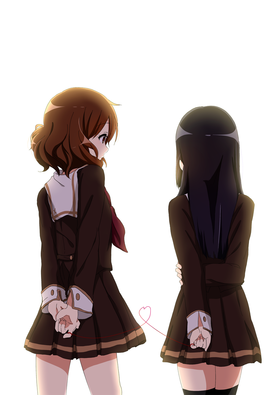 2girls, arms_behind_back, black_hair, black_legwear, brown_eyes, brown_hair, brown_serafuku, brown_shirt