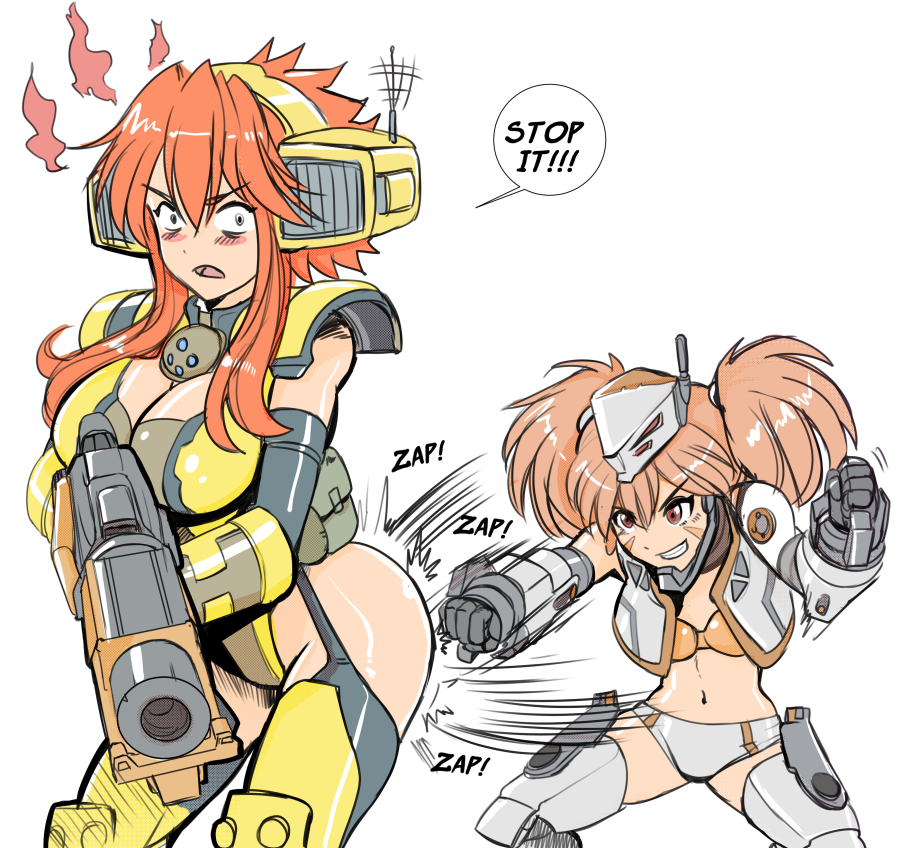 2girls, armor, ass_punch, blush, breasts, cannon, cleavage, english, gun, height_difference, hmage, large_breasts, mecha_musume, multiple_girls, navel, orange_hair, panties, punching, reaper_(titanfall_2), scorch_(titanfall_2), small_breasts, smile, sound_effects, thigh-highs, titanfall, titanfall_2, underwear, weapon