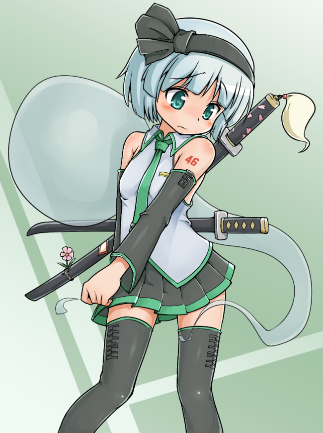 1girl, arm_tattoo, bangs, bare_shoulders, black_hairband, black_legwear, black_ribbon, black_skirt