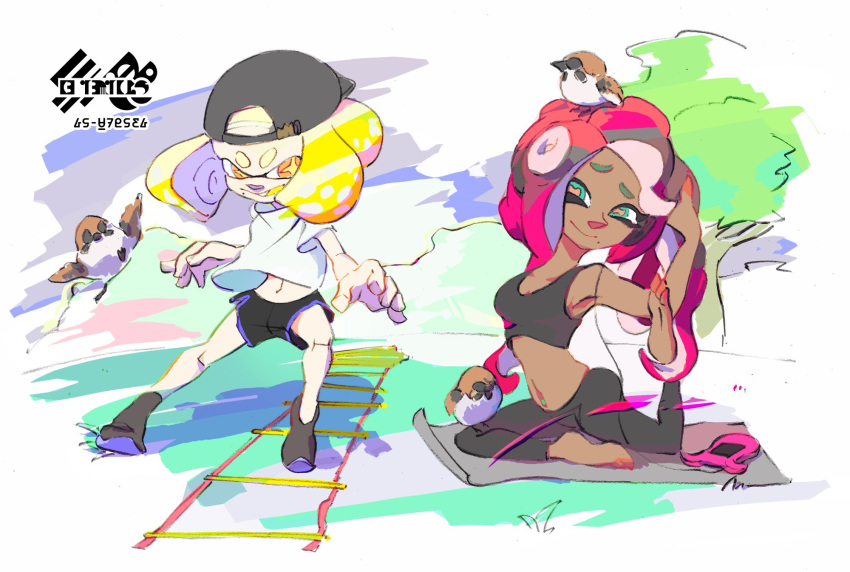 2girls, animal, animal_on_head, backwards_hat, bird, bird_on_head, cellphone, dark_skin