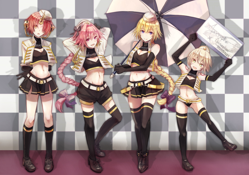 1boy, 3girls, :d, :o, arms_behind_back, arms_behind_head, arms_up, assassin_of_black
