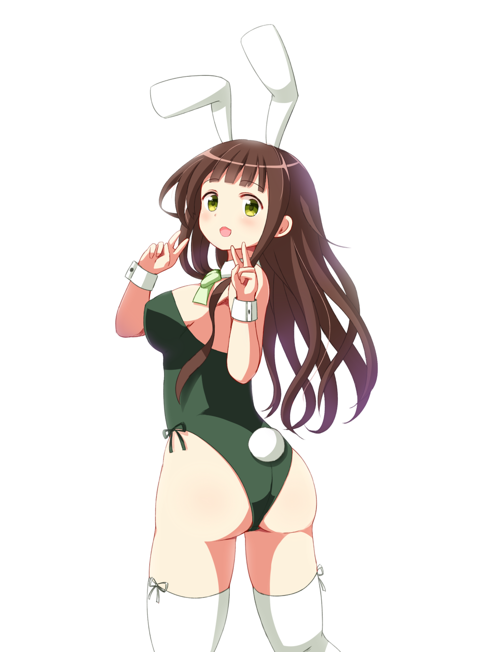 1girl, :d, animal_ears, ass, bangs, bare_shoulders, blunt_bangs, blush, bow, bowtie, breasts, brown_hair, bunny_girl, bunnysuit, commentary_request, cowboy_shot, detached_collar, double_v, eyebrows_visible_through_hair, from_behind, gochuumon_wa_usagi_desu_ka?, green_eyes, green_leotard, green_neckwear, highres, large_breasts, leotard, long_hair, looking_at_viewer, looking_back, open_mouth, phantom2071, rabbit_ears, sideboob, simple_background, smile, solo, standing, thigh-highs, ujimatsu_chiya, v, white_background, white_collar, white_legwear, wrist_cuffs