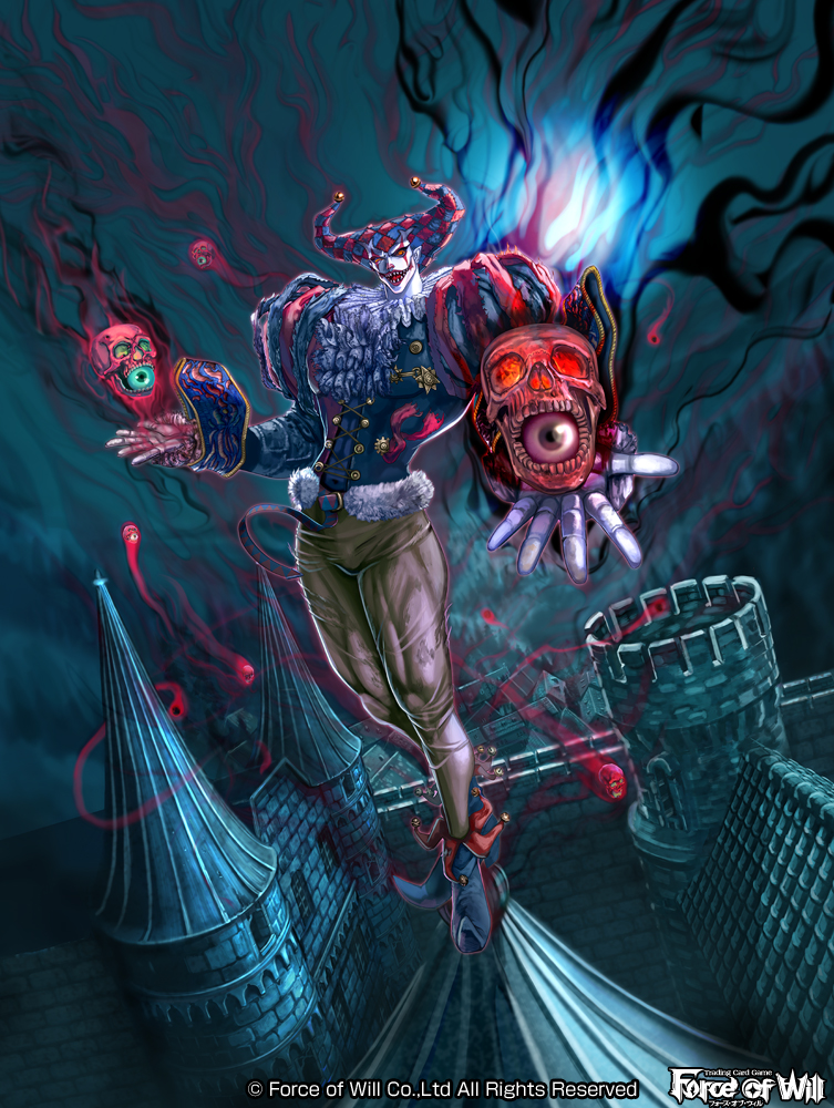 1boy, bell, boots, castle, clown, copyright_name, eyeball, fangs