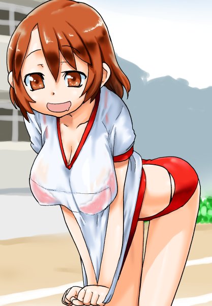 1girl, bra, breasts, brown_eyes, brown_hair, buruma, cleavage, gym_uniform
