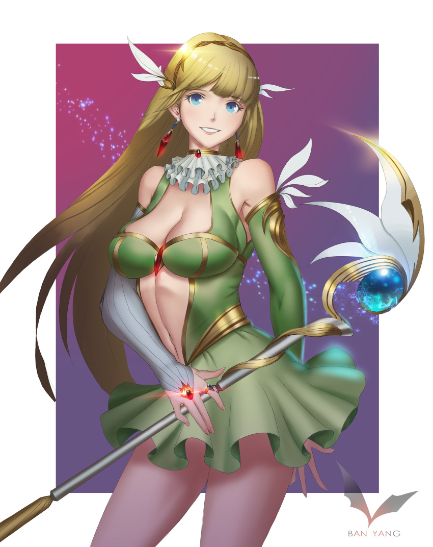1girl, absurdres, ban_yang, blonde_hair, blue_eyes, breasts, cleavage, detached_sleeves, earrings, green_skirt, hair_ornament, hairband, highres, holding, holding_staff, jewelry, large_breasts, long_hair, looking_at_viewer, magical_girl, navel, parted_lips, ring, skirt, smile, solo, staff, standing