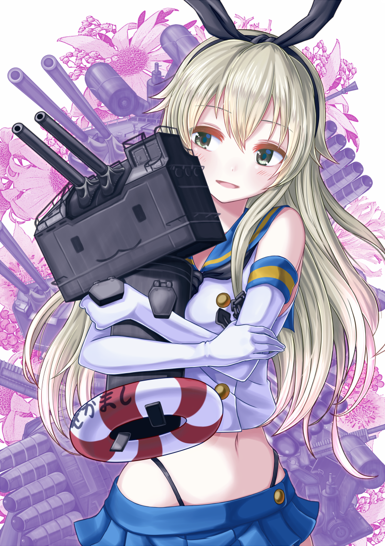 1girl, anchor_hair_ornament, black_panties, blonde_hair, cannon, crop_top, elbow_gloves, gloves