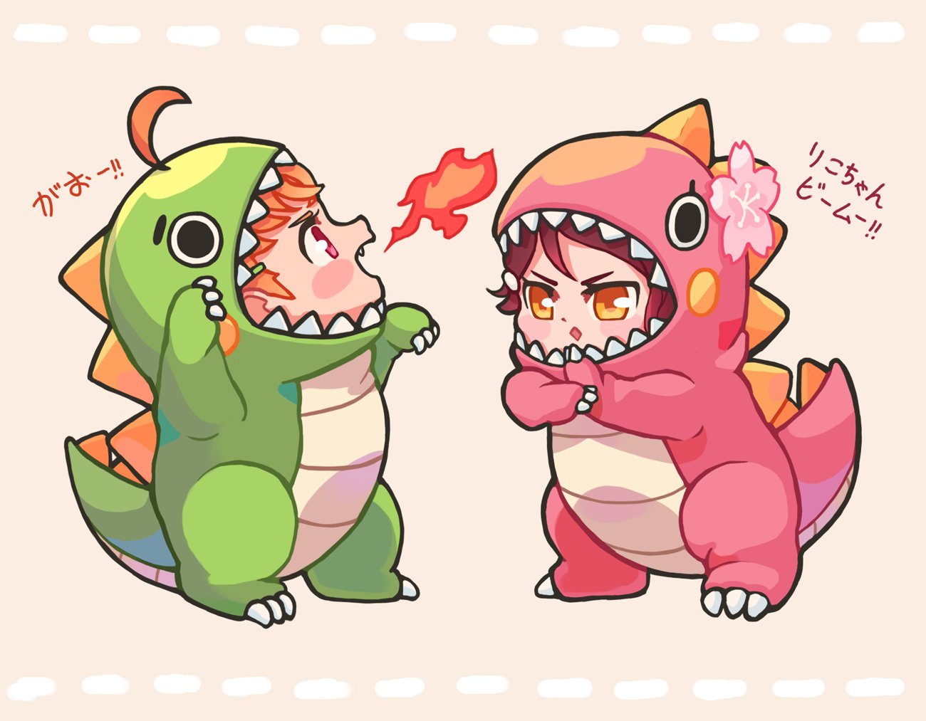 2girls, ahoge, bangs, blush_stickers, breathing_fire, chibi, commentary_request, diamond_mouth