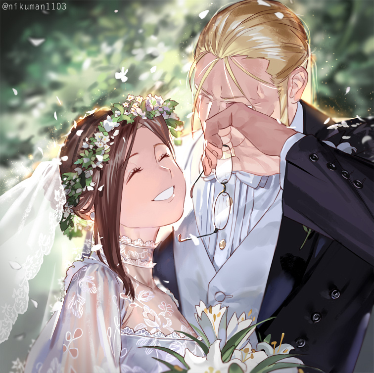 1boy, 1girl, blonde_hair, closed_eyes, crying, dress, holy_pumpkin, husband_and_wife