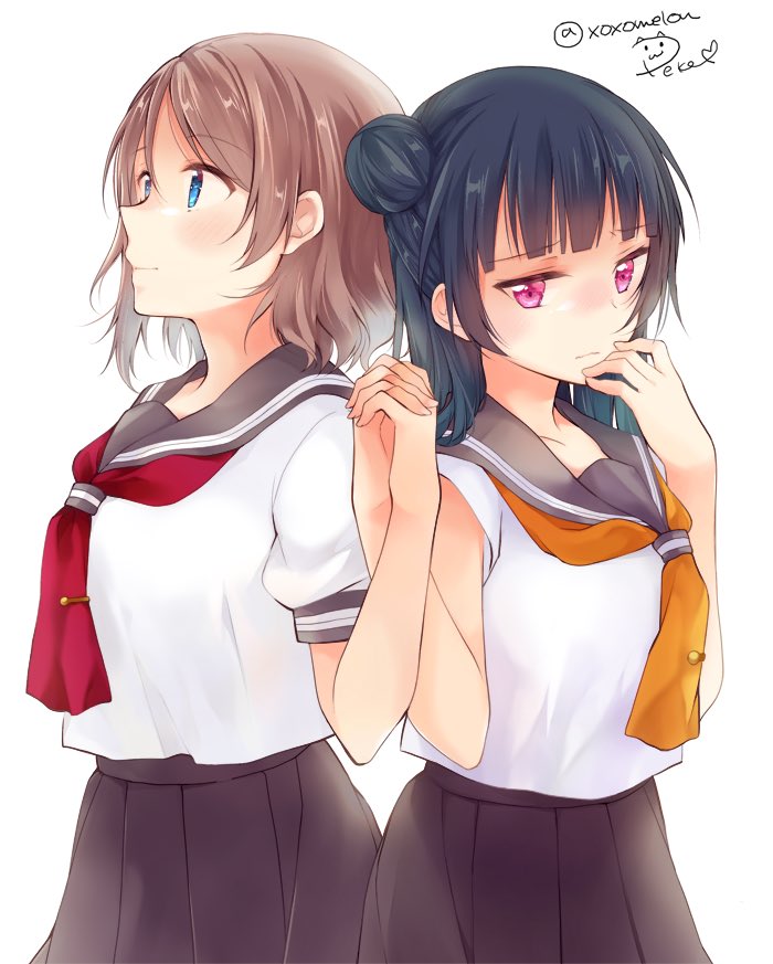 2girls, bangs, blue_eyes, blue_hair, blush, brown_hair, commentary_request, cover