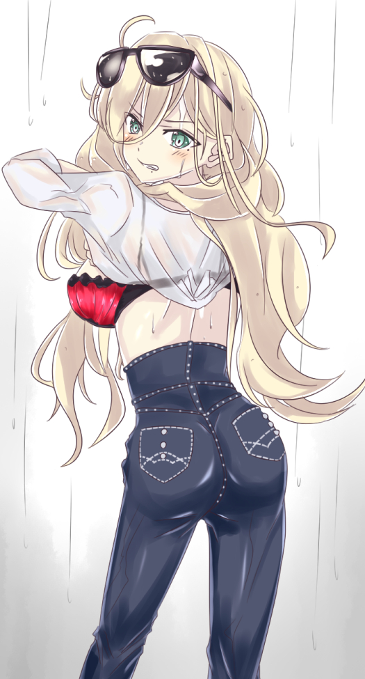 1girl, alternate_costume, ame_kami_chisato, angry, ass, blonde_hair, bra, cowboy_shot, denim, eyewear_on_head, from_behind, green_eyes, hair_between_eyes, jeans, kantai_collection, long_hair, looking_at_viewer, looking_back, mole, mole_under_eye, pants, red_bra, richelieu_(kantai_collection), solo, underwear, undressing, white_background