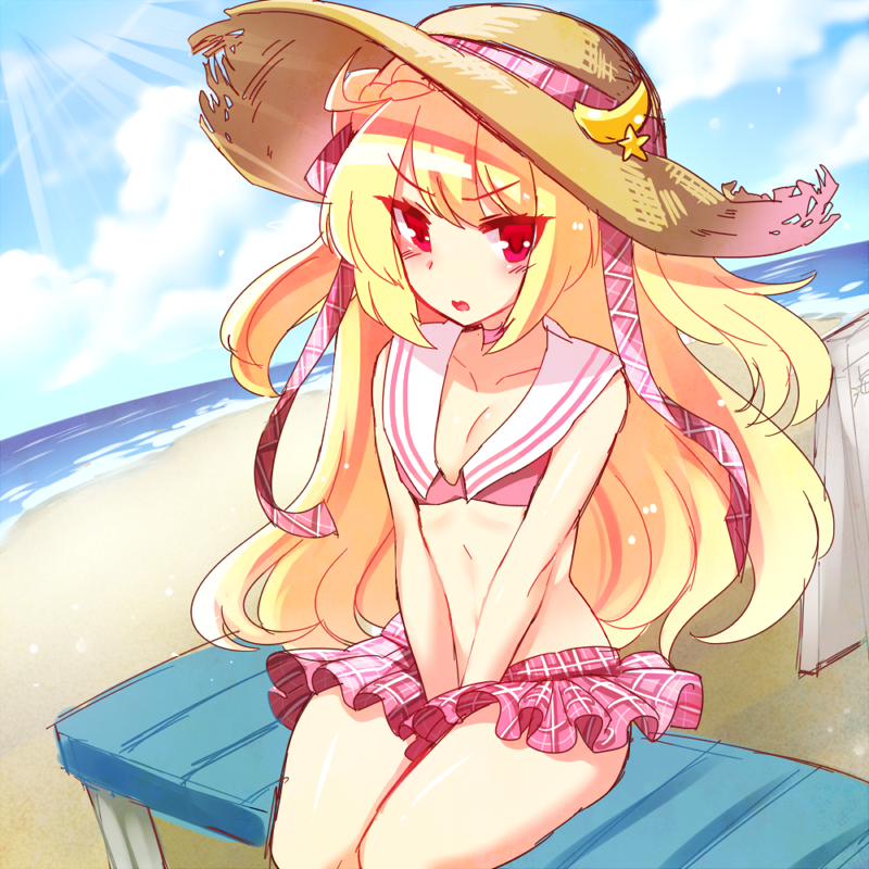 1girl, azur_lane, beach, bench, bikini, blush, breasts, clouds