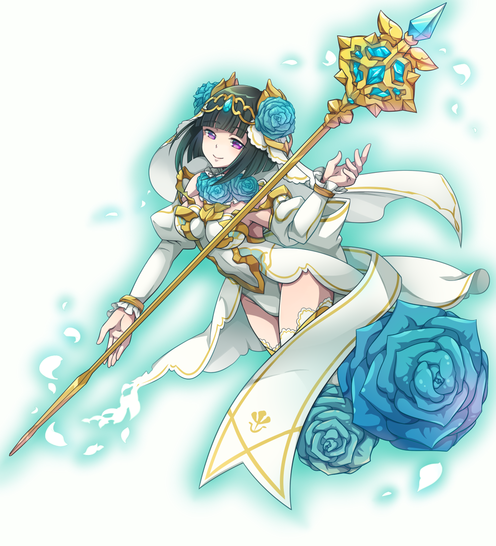 1girl, bangs, bare_shoulders, black_hair, blue_flowers, blunt_bangs, detached_sleeves, flower