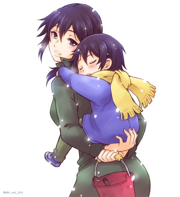 1boy, 1girl, aki_ma_jiro, black_eyes, black_hair, blue_coat, blue_footwear, boku_dake_ga_inai_machi
